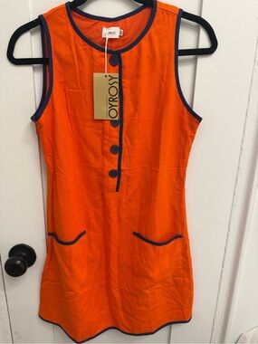 Bright Orange Sleeveless Shift Dress with Navy Trim by Oyrosy